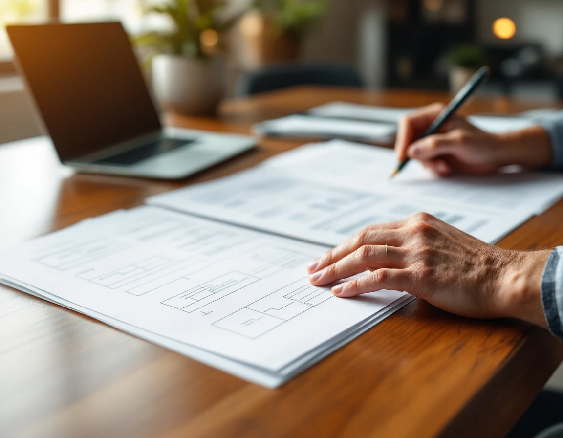 Hands reviewing blank workflow planning sheets and process templates on an office desk