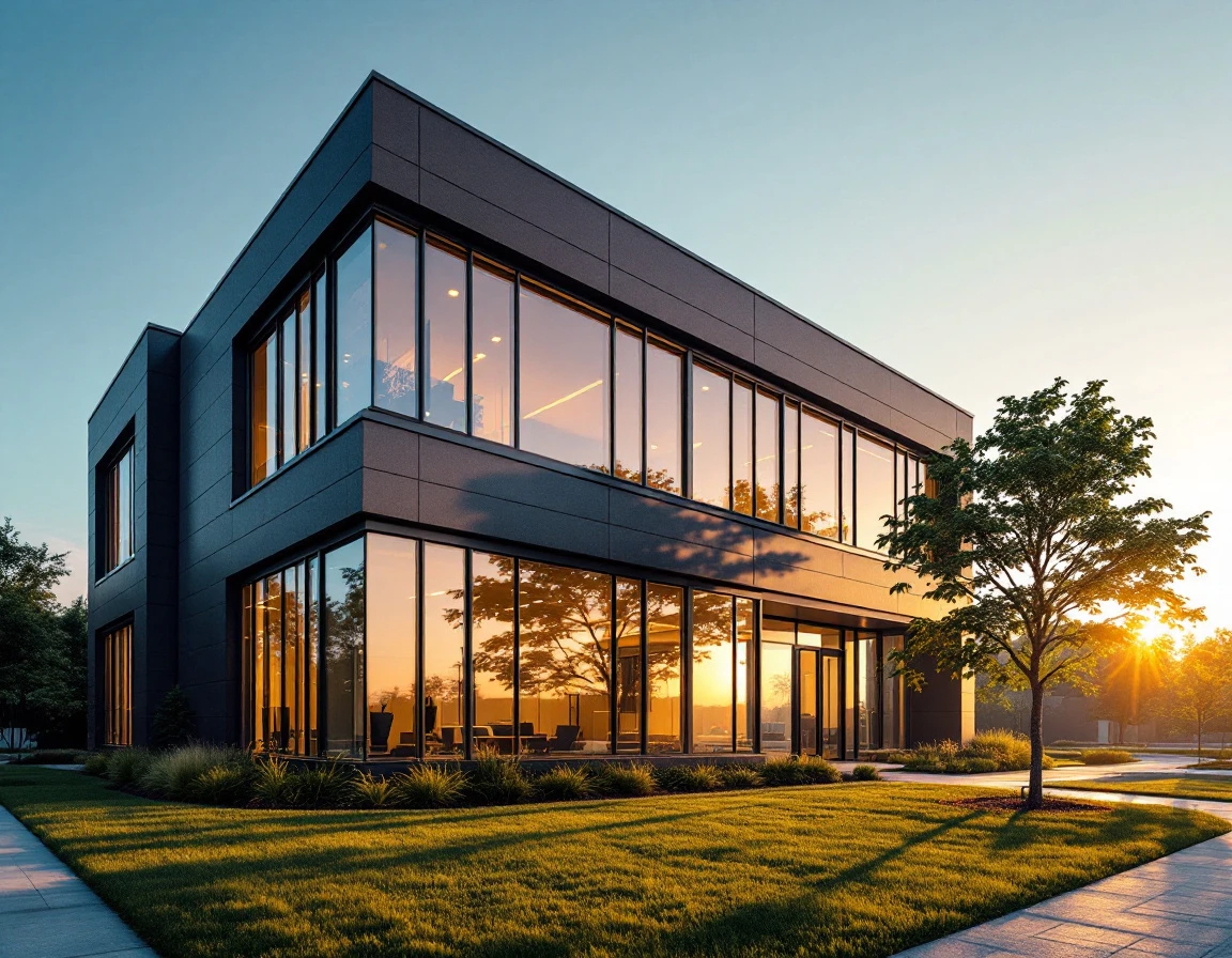 Modern commercial office building at dawn with glass and steel facade, natural landscaping in foreground