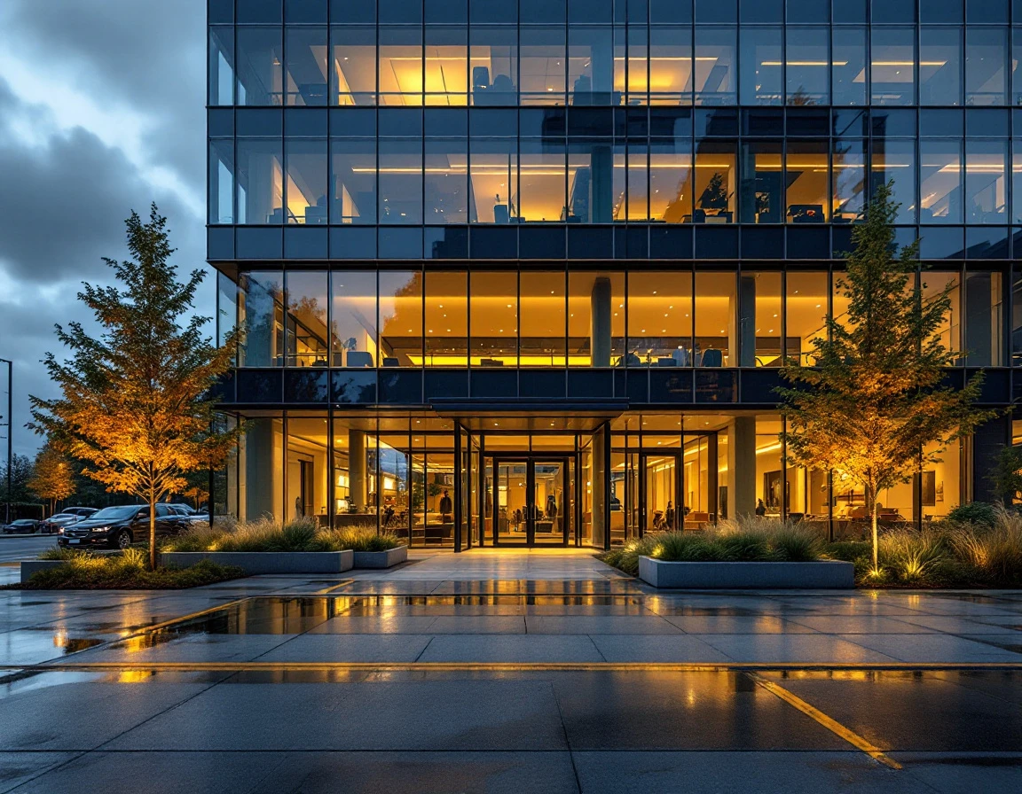 Modern commercial building entrance with wet pavement and warm interior lighting visible through glass facades