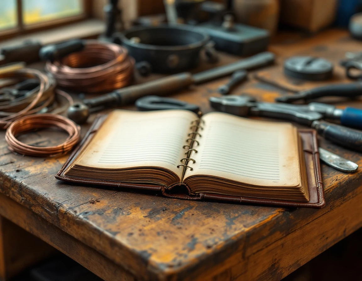 Leather appointment book and hand tools on workbench representing traditional service business scheduling methods