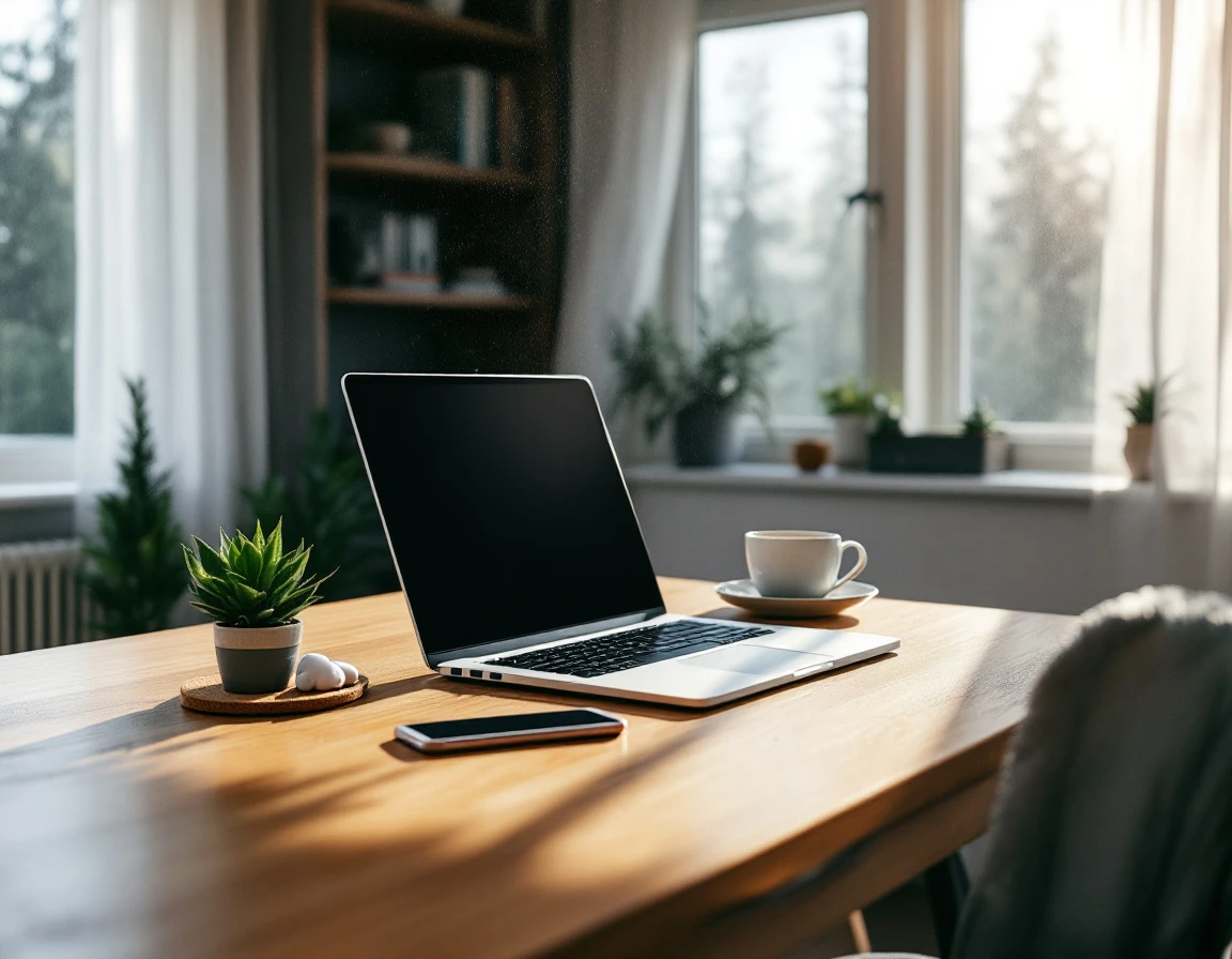 Clean home office workspace with laptop, phone, and coffee mug arranged on wooden desk in morning light