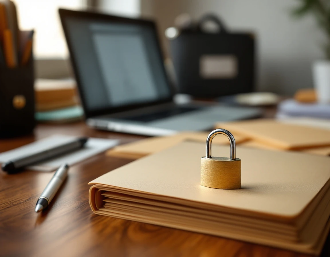 Padlock on file folder with laptop and office supplies on wooden desk emphasizing data security