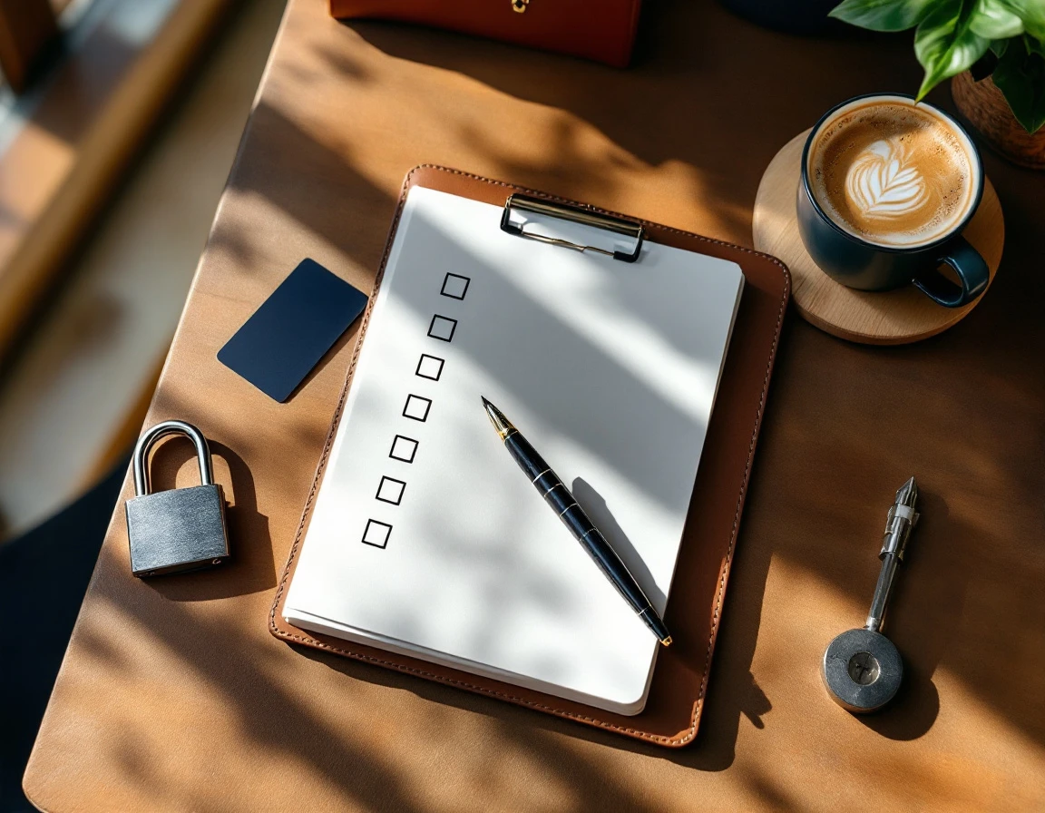 Compliance checklist notebook with security padlock and fountain pen on office desk surface