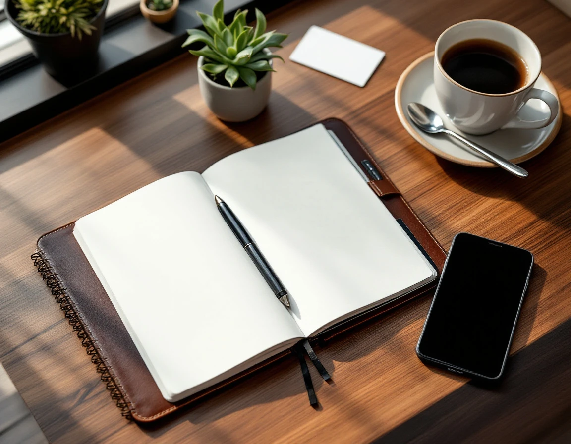 Clean office desk with open planner, smartphone, coffee cup, and pen arranged for sales pipeline workflow
