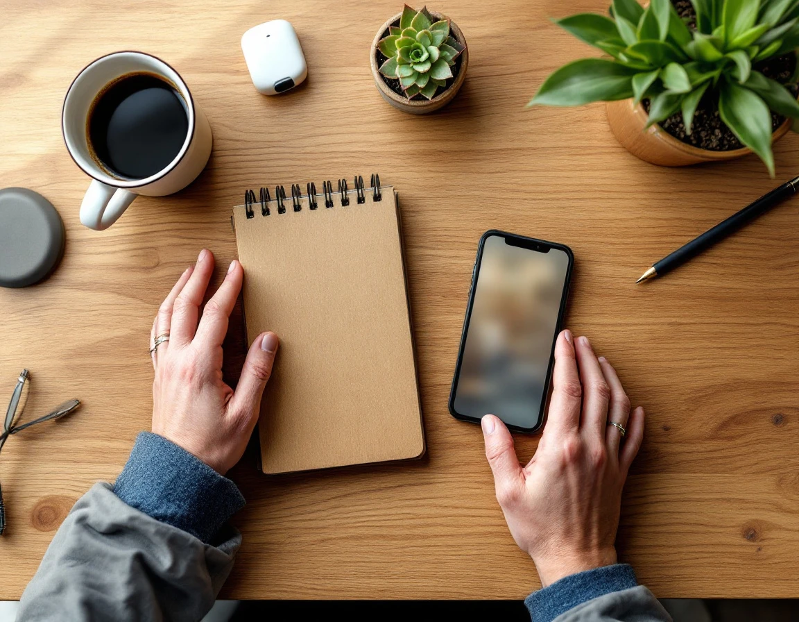 Overhead view of hands organizing workflow materials on wooden desk with phone and notepad