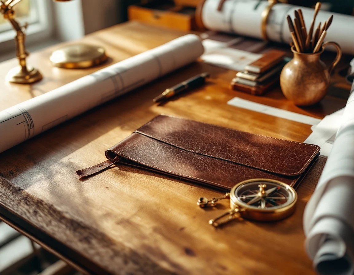 Closed leather portfolio with brass tools on wooden desk showing professional business analysis workspace