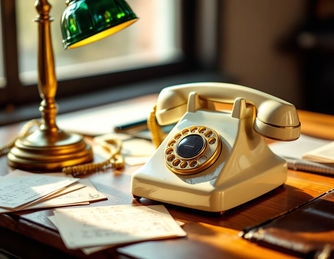 Vintage rotary telephone on wooden desk with brass lamp showing manual communication systems before automation