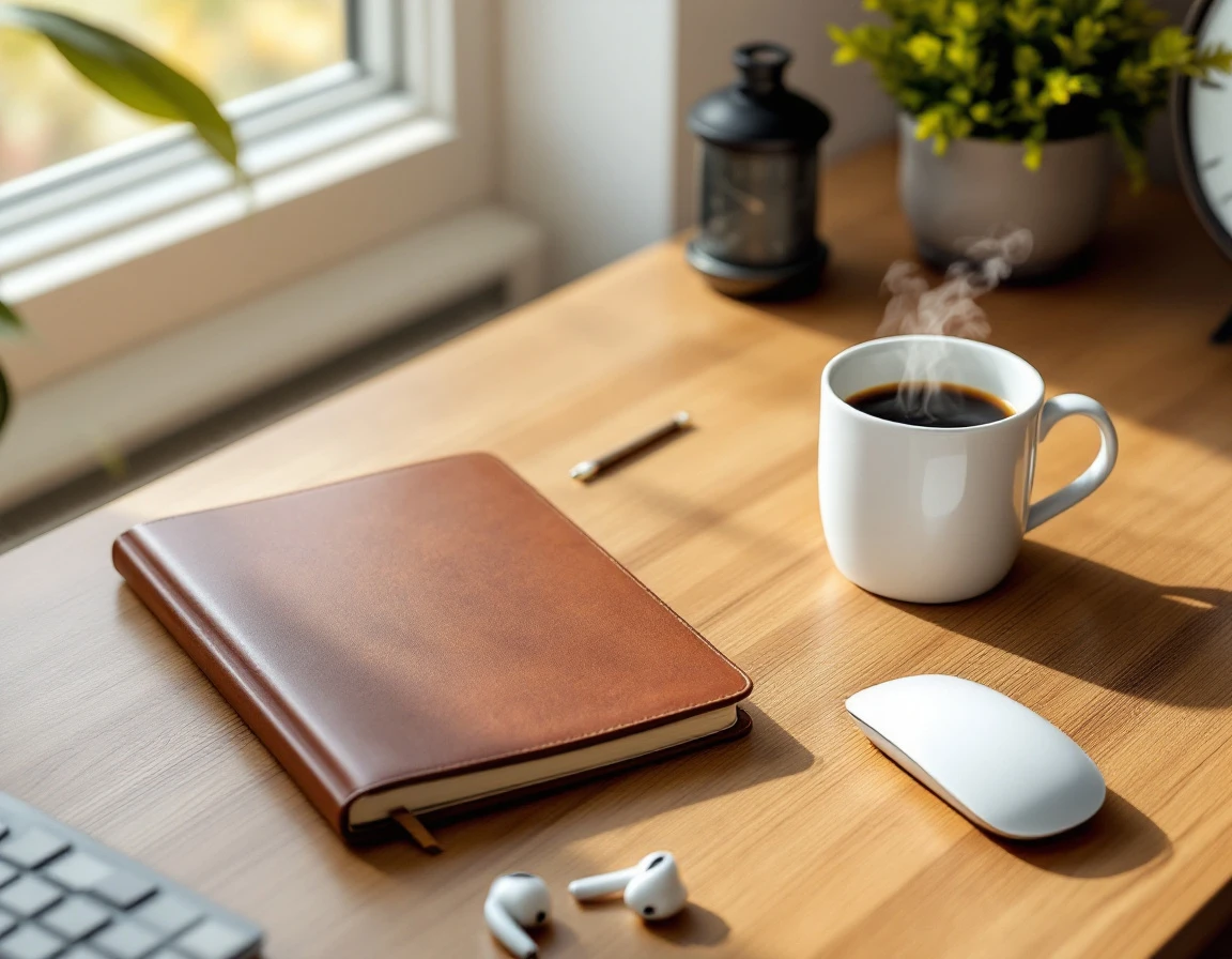 Clean dispatch workspace with closed notebook, keyboard, and analog clock showing organized productivity setup