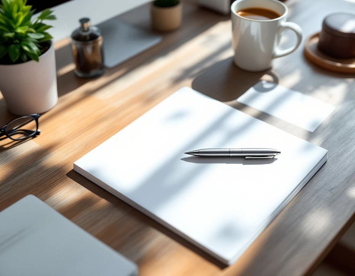 Clean office desk with notepad and pen showing organized workspace for efficient lead management