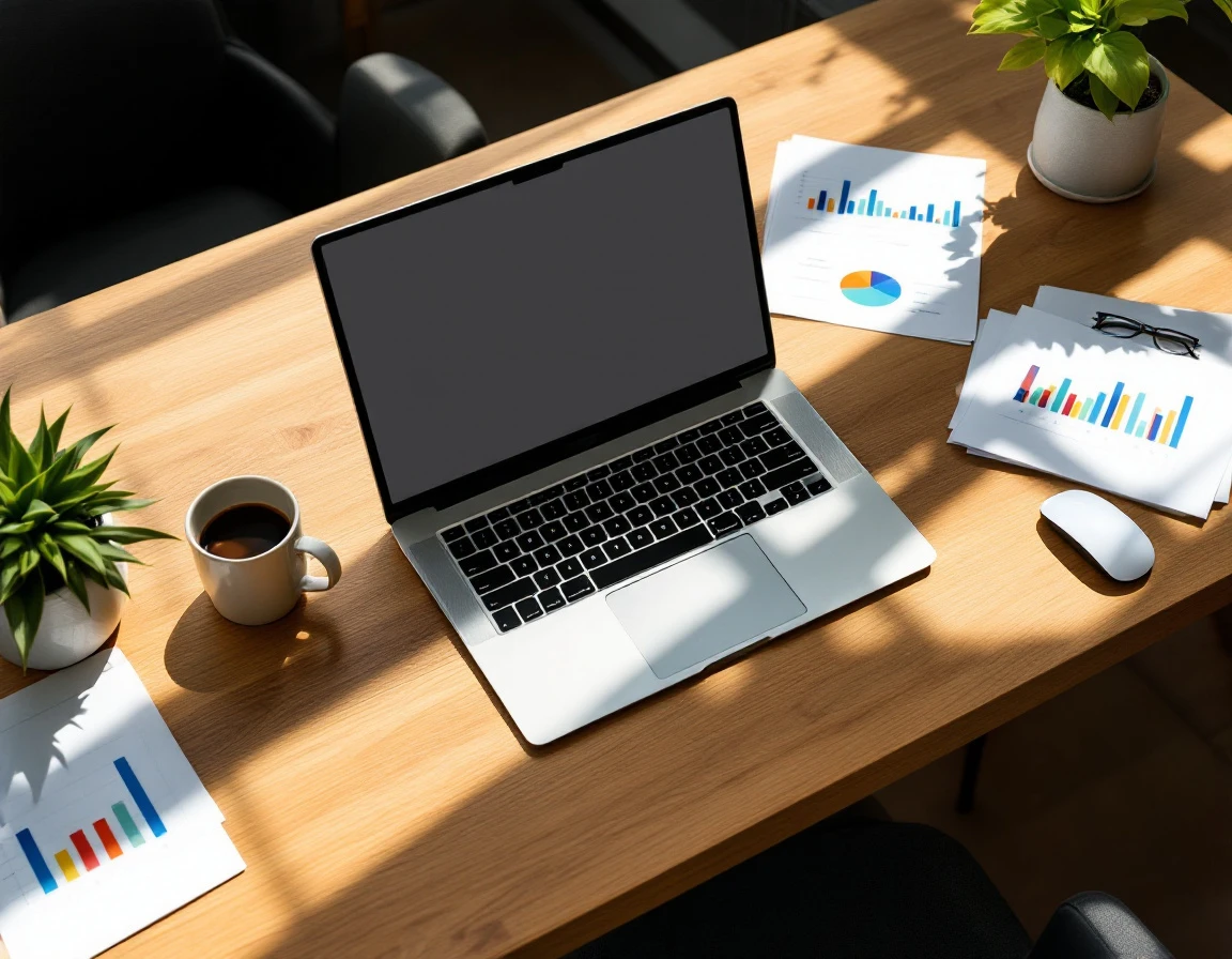 Organized business desk with closed laptop, coffee, plant, and printed analytics reports for sales workflow