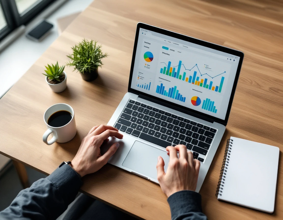 Modern desk workspace with laptop displaying analytics charts, coffee mug, smartphone, and succulent plant