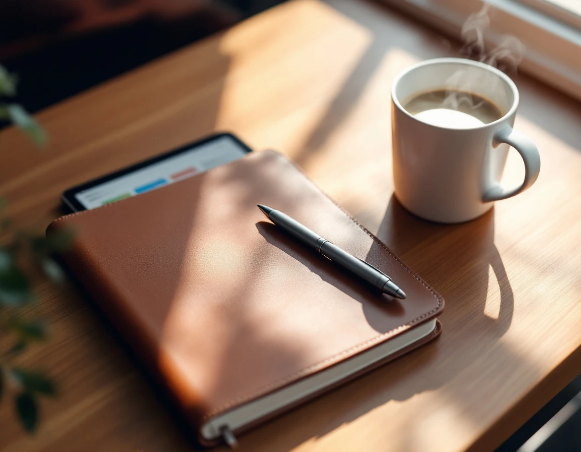 Minimalist desk with leather journal, tablet showing dashboard blocks, and coffee mug in natural morning light