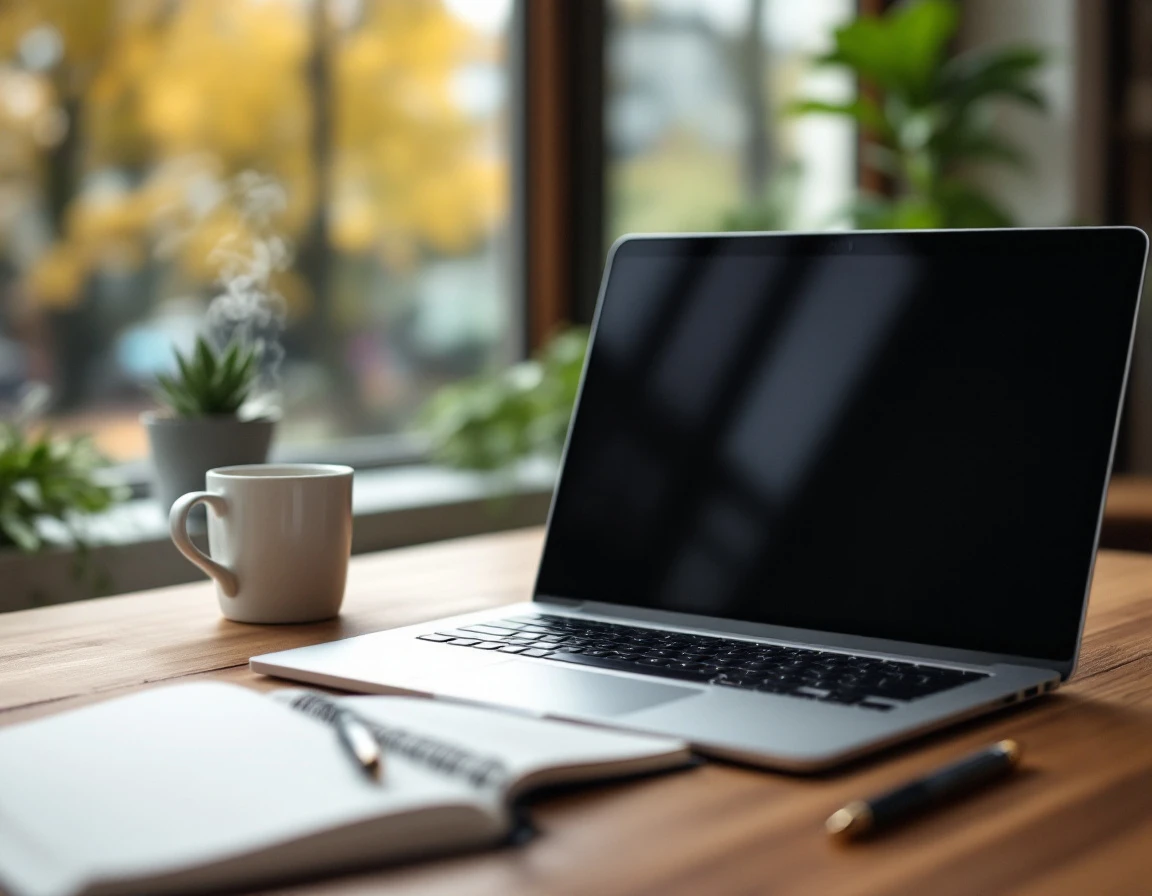 Laptop with dark screen on wooden desk beside coffee, notebook, and plant in natural office lighting