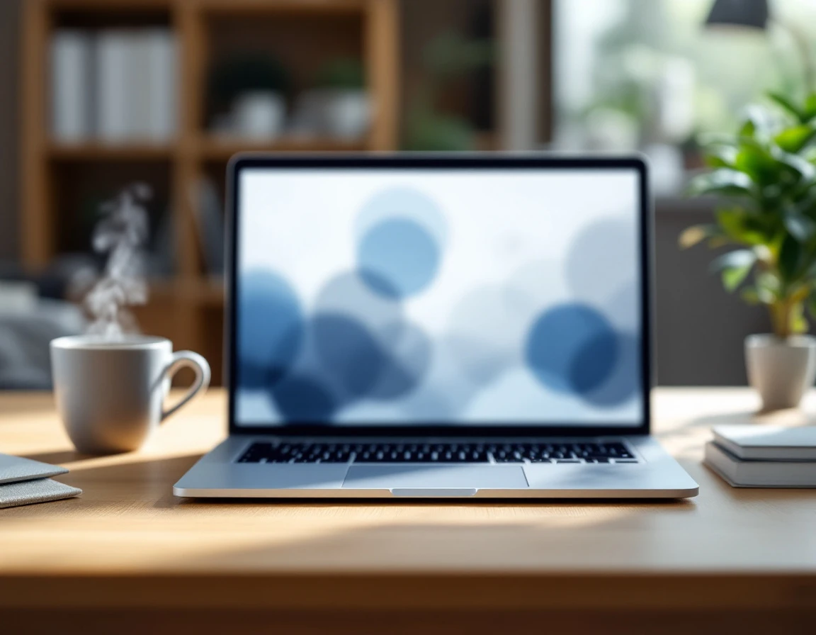 Home office desk with laptop and coffee mug in soft morning light, screen artistically blurred