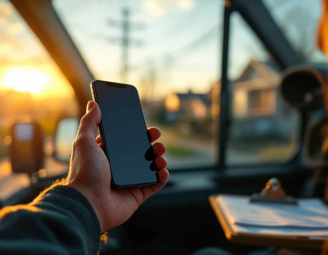 Tradesperson checking smartphone in service vehicle during golden hour after completing fieldwork