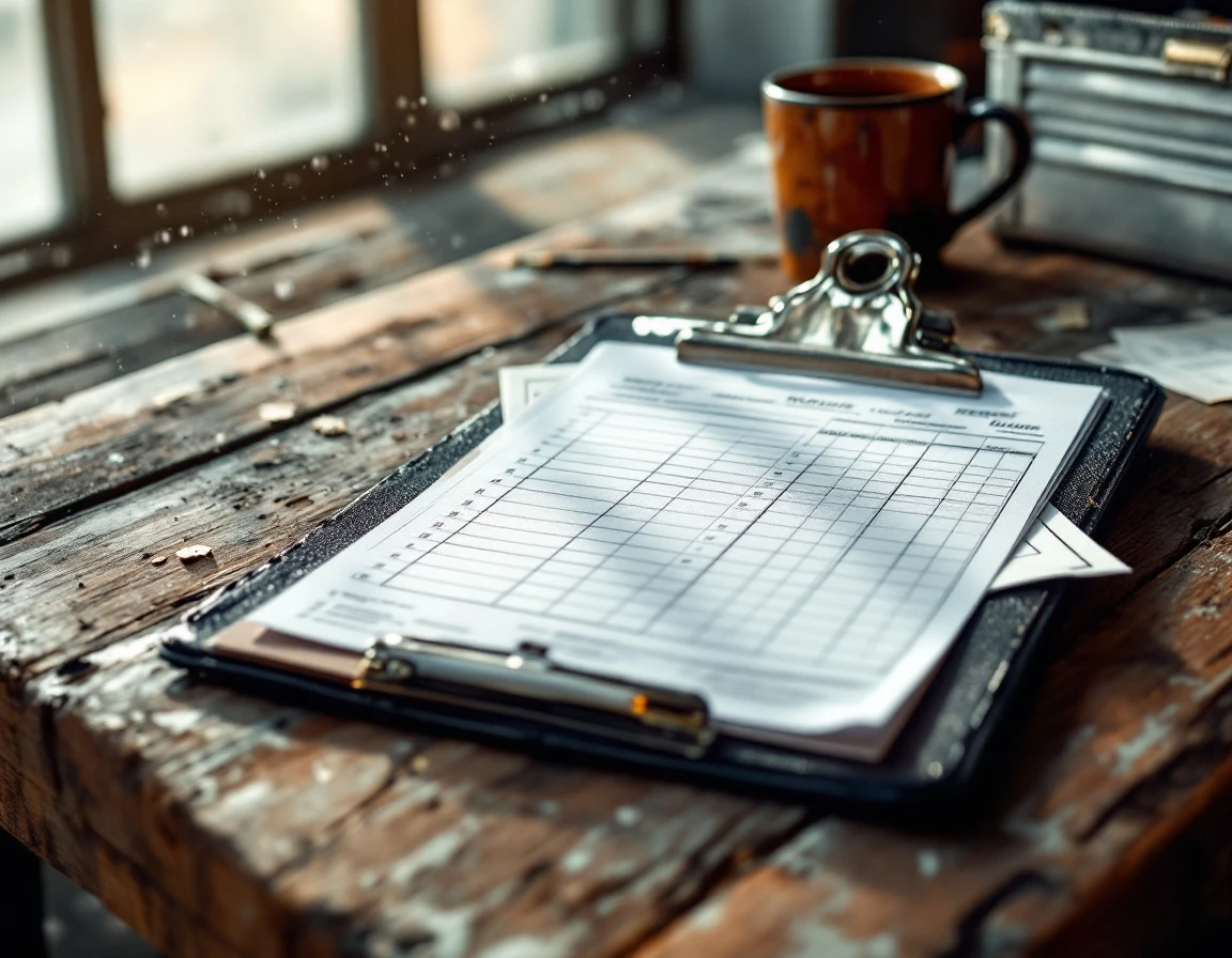 Work orders and business forms on a service contractor's workbench with tools and morning coffee
