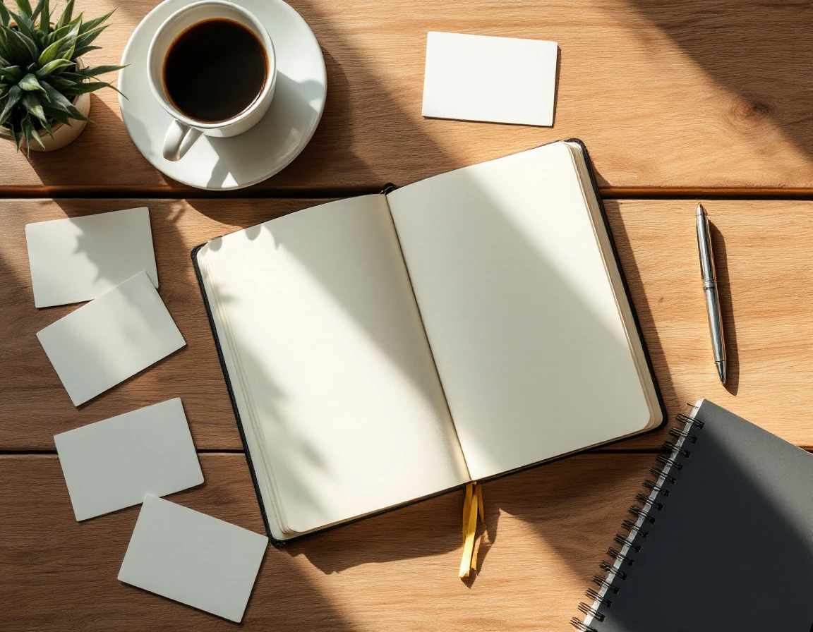 Overhead view of blank journal, coffee cup, and pen on wooden desk representing mid-year business analysis