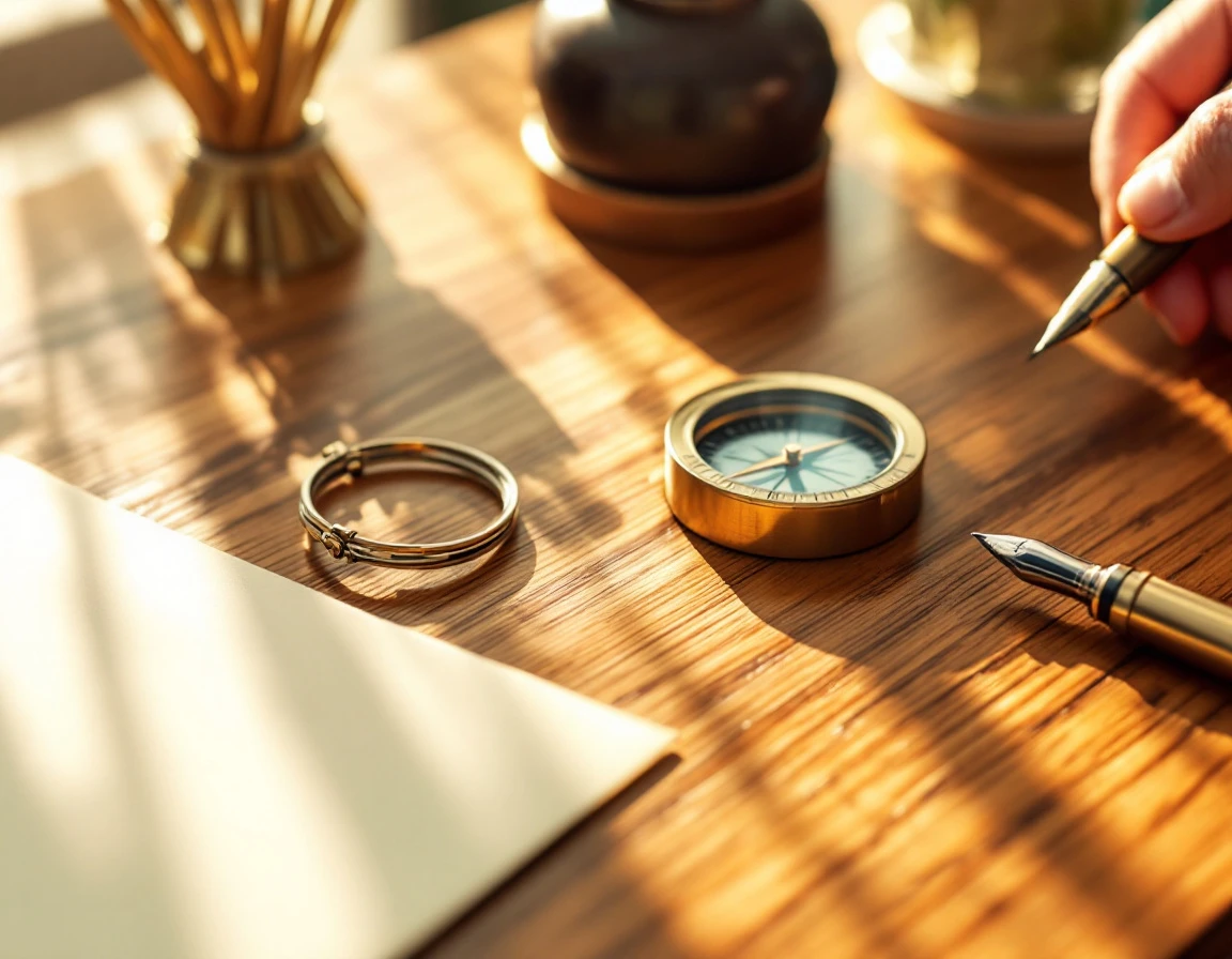 Brass compass and fountain pen on wooden desk with natural window lighting
