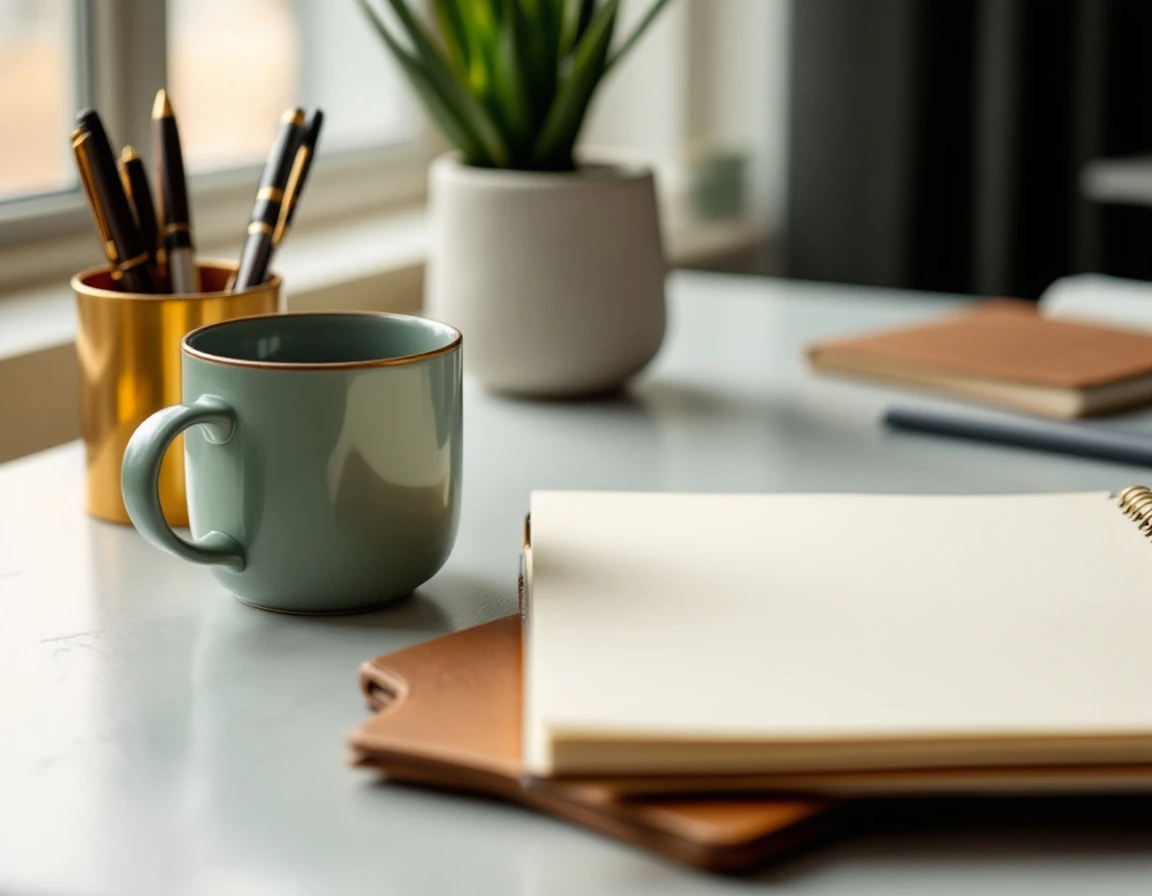Professional desk workspace with coffee mug, pens, and unfocused planner for strategic planning sessions