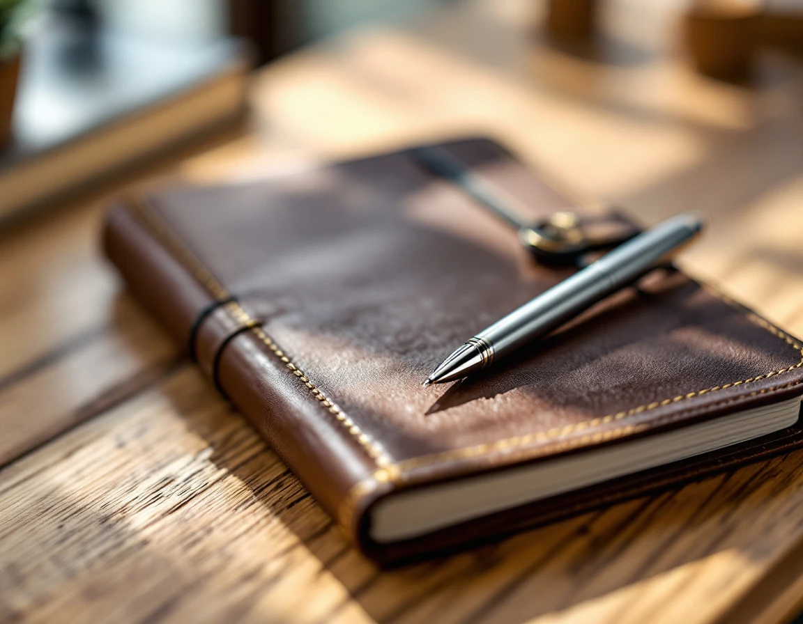 Leather notebook and pen on wooden desk representing organized CRM record-keeping and data integrity