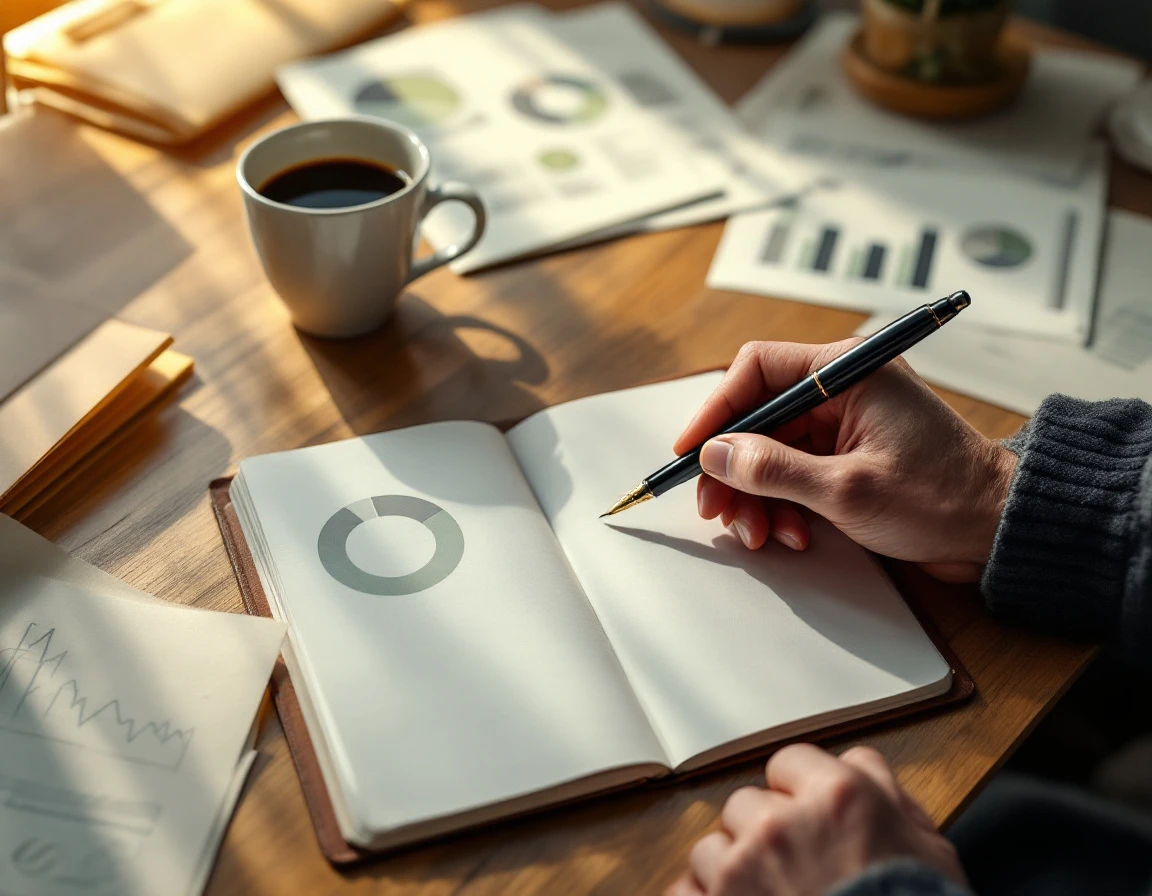 Business professional's desk with notebook, coffee, and customer data documents during acquisition analysis