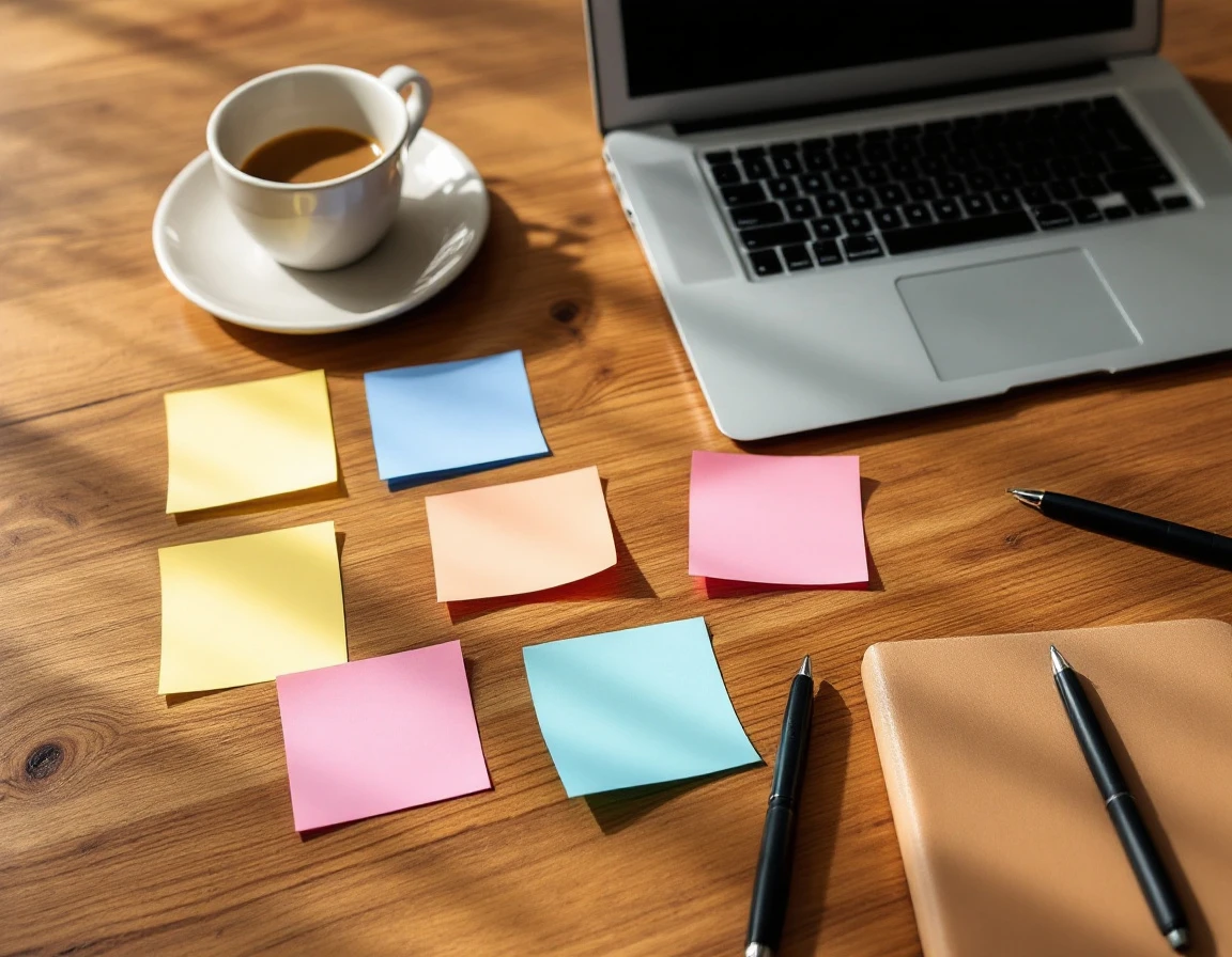 Overhead view of office desk with blank sticky notes, laptop, coffee, and notebook for customer analysis
