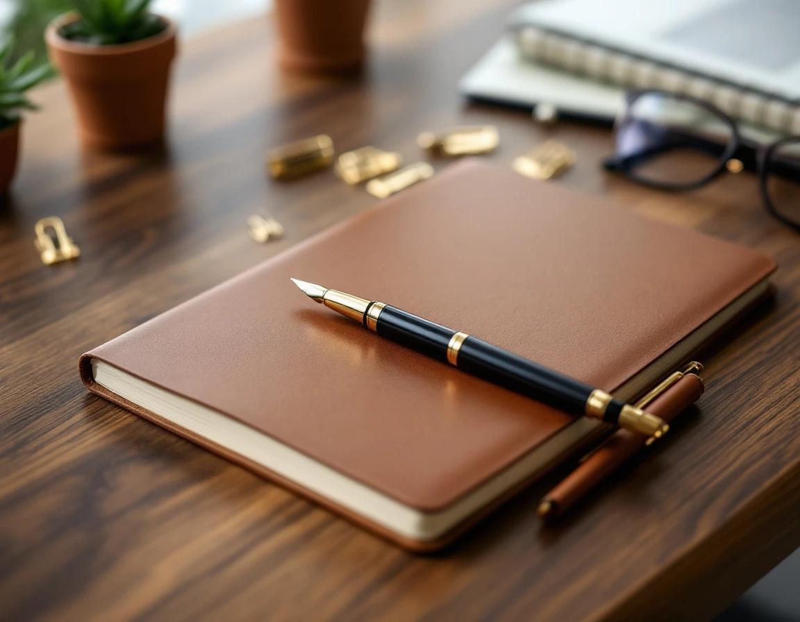 Organized desk workspace with notebook, pen, and office supplies for systematic list cleaning and review