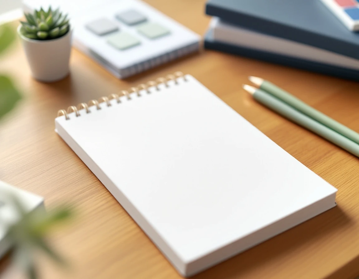Clean blank notebook on wooden desk with pens and plant for account reactivation planning