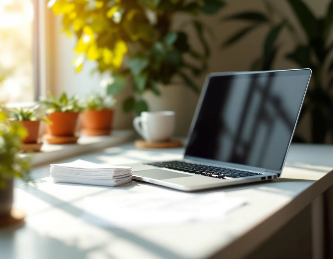 Clean organized desk workspace with laptop and coffee mug in natural window light