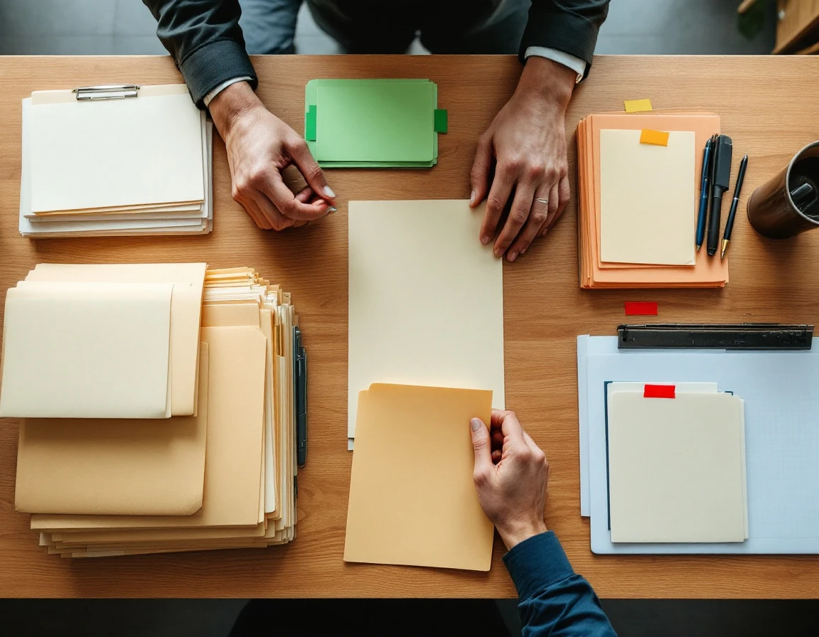 Hands organizing color-coded folders by priority on a clean office desk