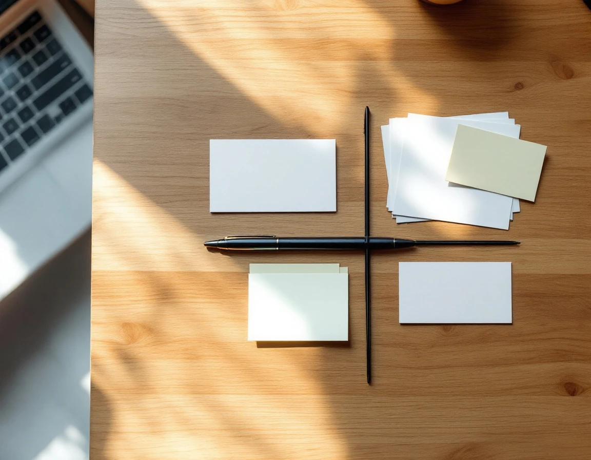 Business cards and notes organized into quadrants on desk surface for pipeline prioritization