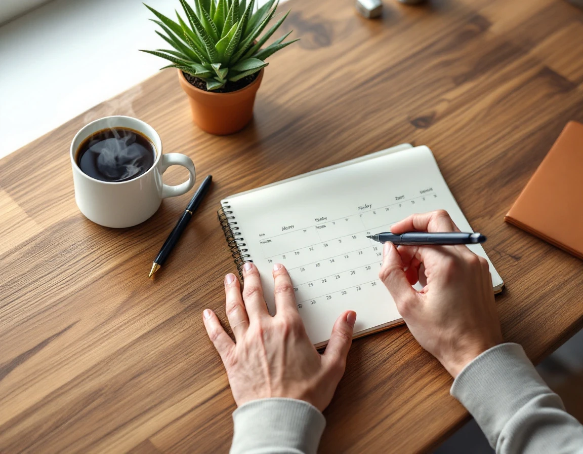 Professional hands reviewing notebook with seasonal customer patterns at wooden desk workspace