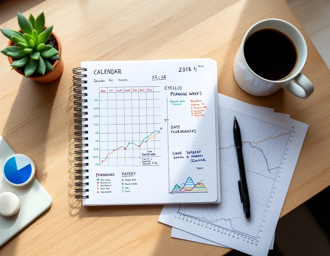 Overhead view of workspace with seasonal planning charts, trend graphs, coffee, and office supplies