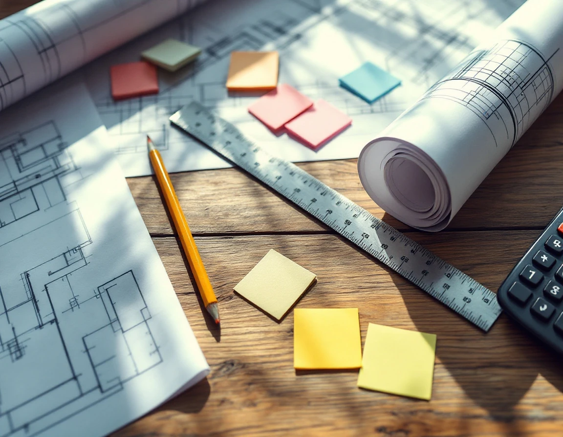 Construction planning tools and blueprint on wooden desk with calculator and measurement ruler