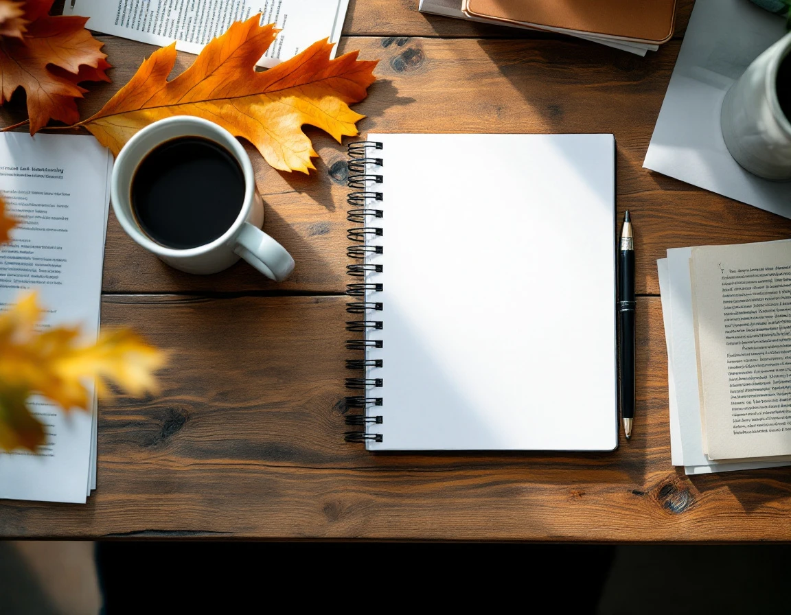 Blank notebook on wooden desk with coffee and autumn leaf for mid-year revenue planning