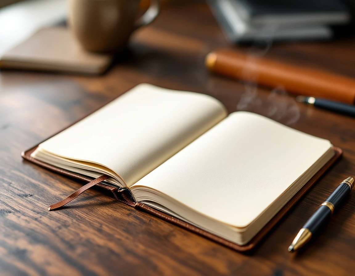 Open leather notebook on wooden desk with pen and coffee cup in professional office setting