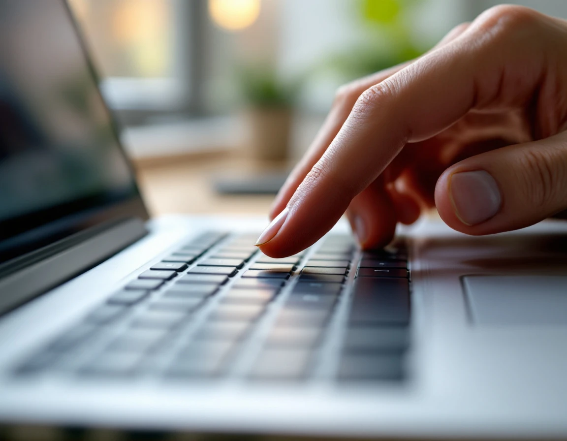 Hand poised over laptop keyboard delete key in natural lighting, conveying respectful contact removal