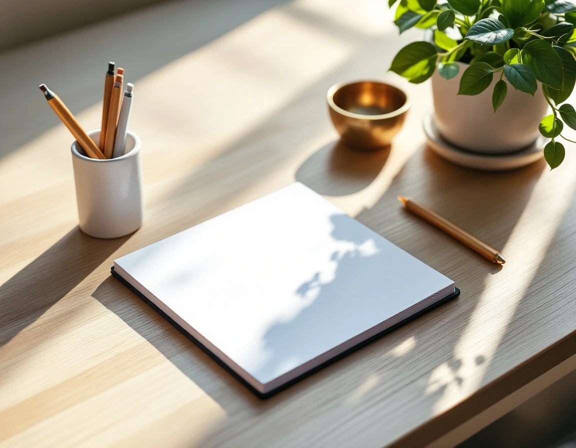 Clean desk workspace with blank notepad, ceramic pen holder, and potted plant in natural sunlight