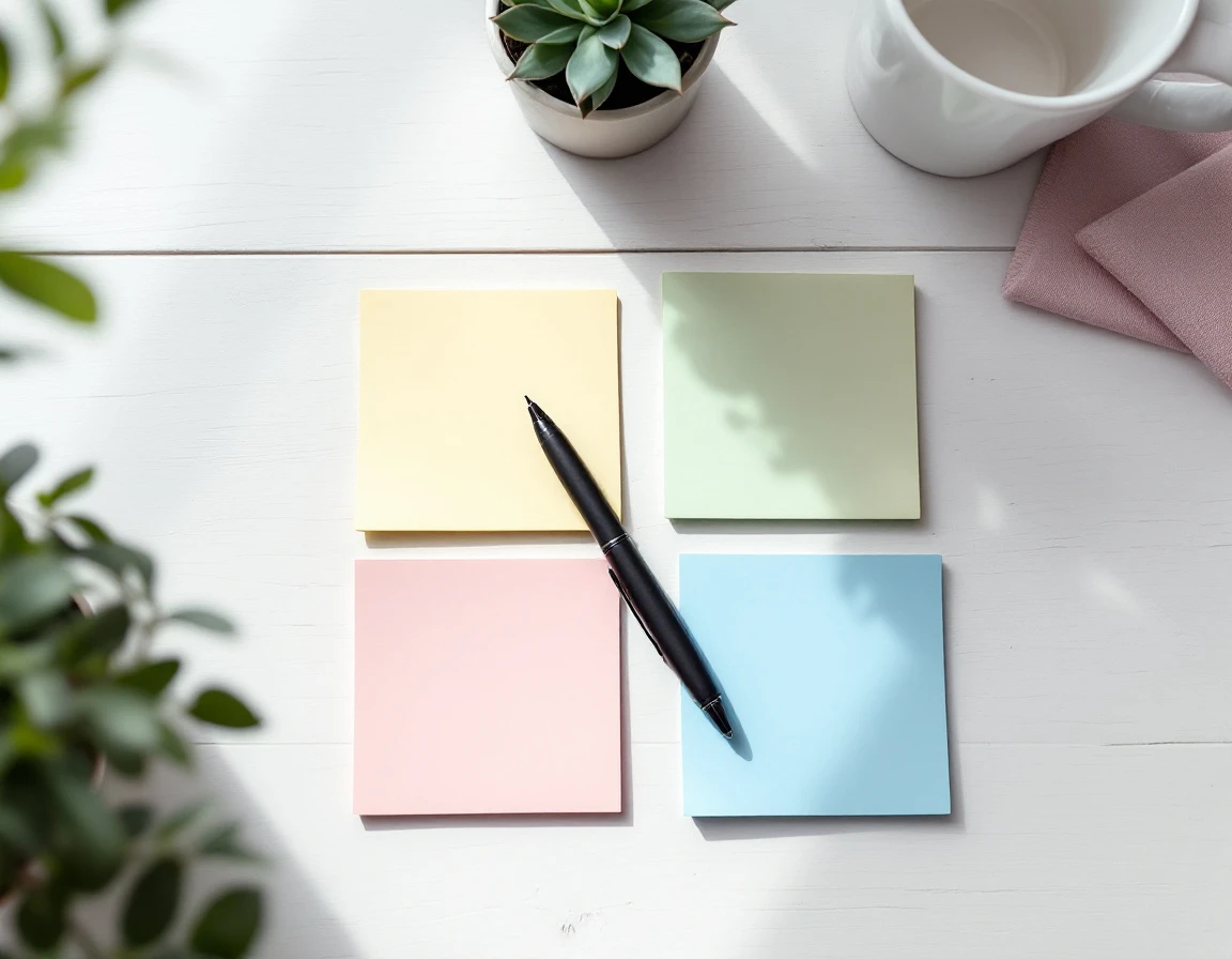 Overhead view of blank sticky notes, pen, succulent plant, and coffee cup on minimalist white desk