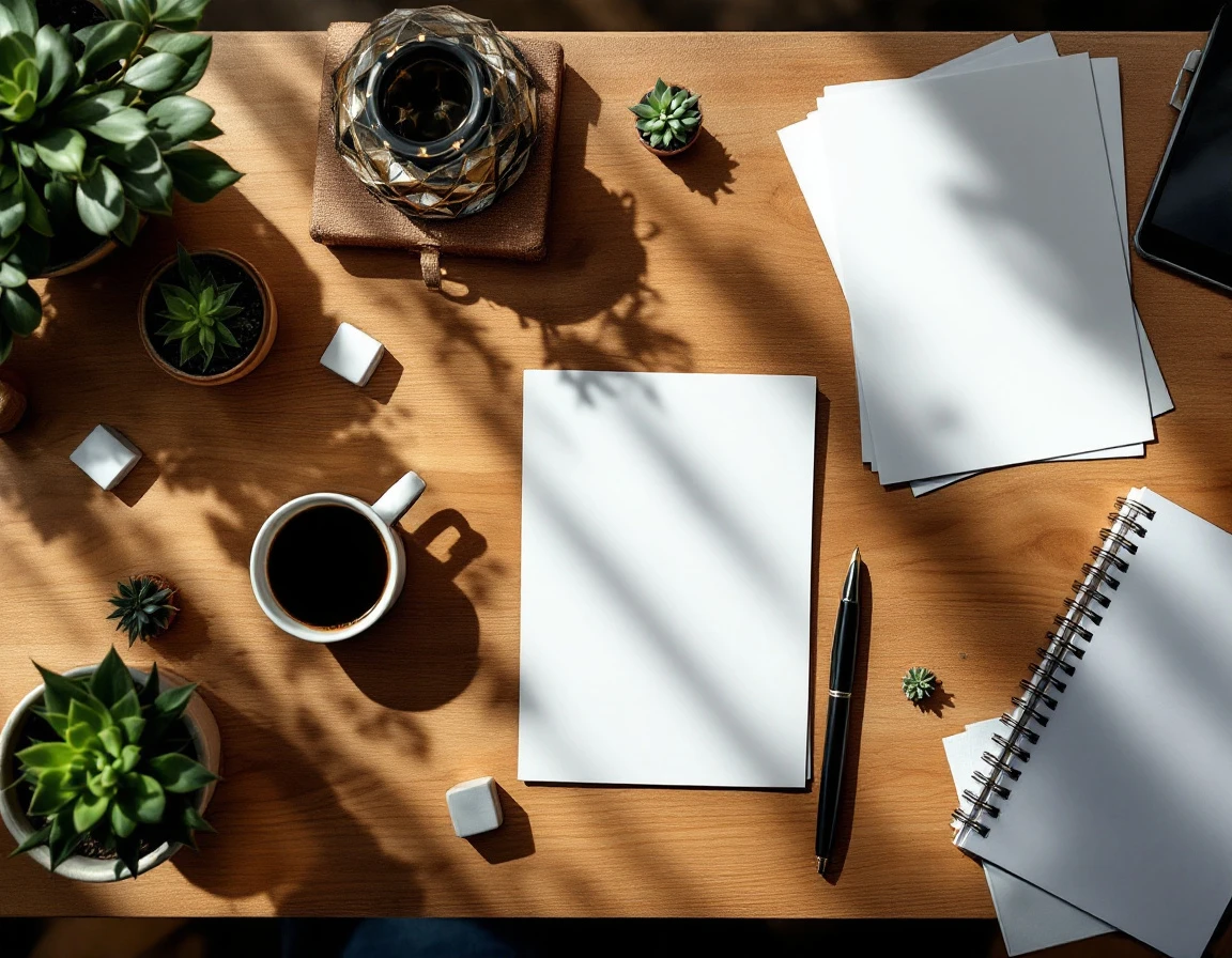Minimalist workspace flatlay with blank papers, coffee cup, pen, and plants on wooden desk