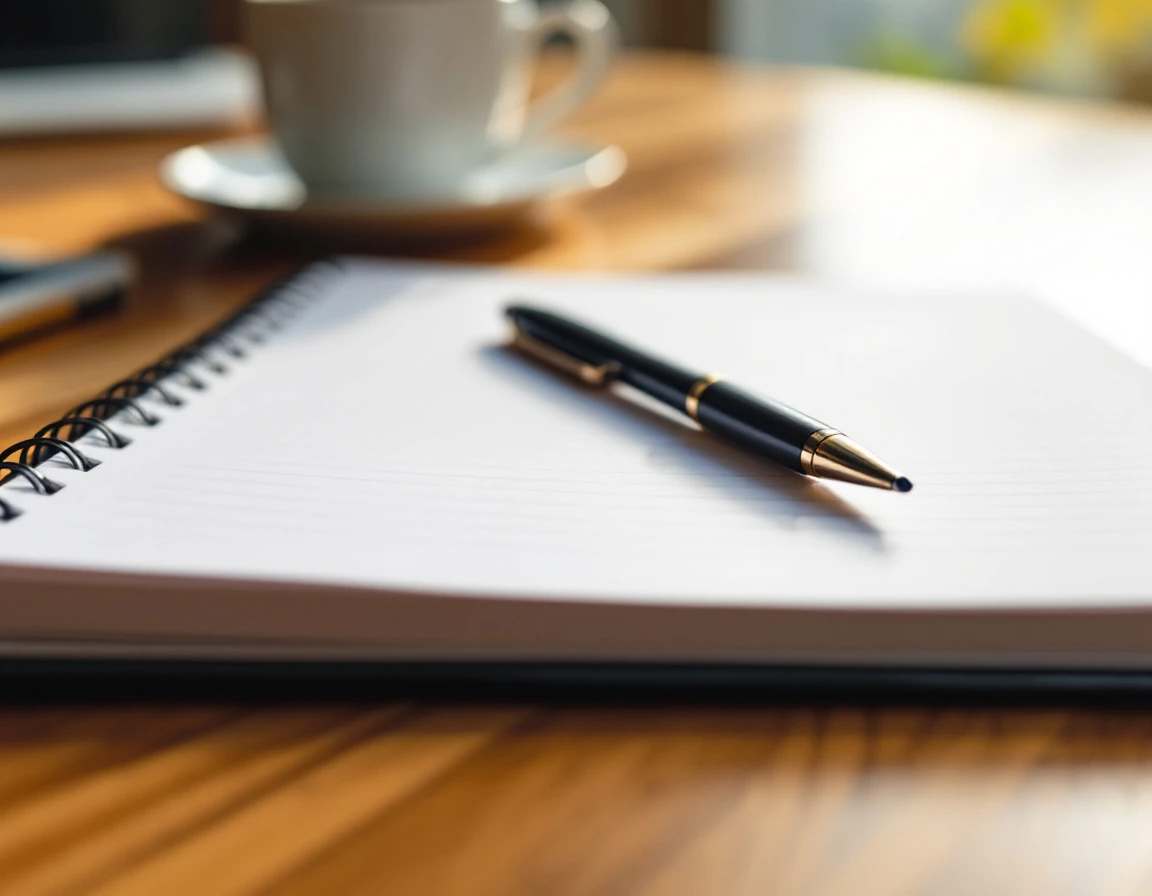Clean spiral notebook with pen on wooden desk ready for planning sales sequences