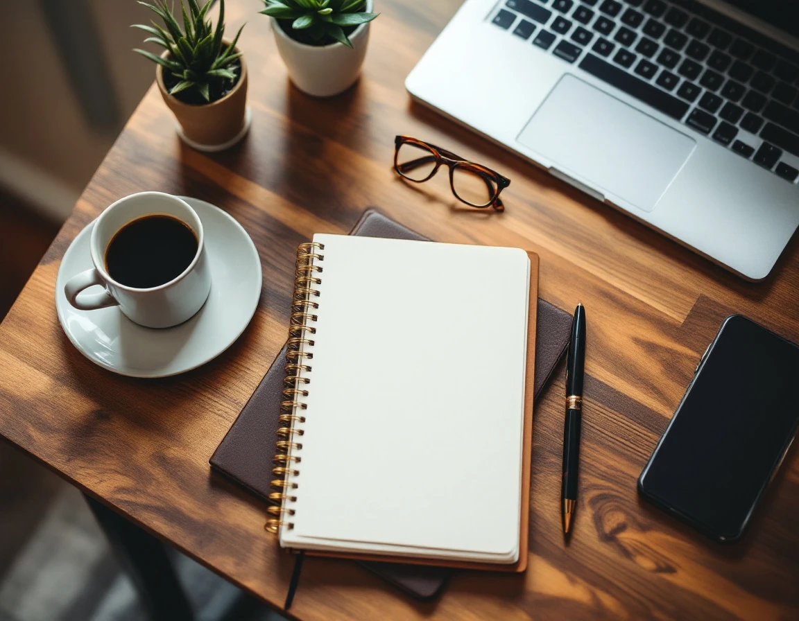 Organized workspace with coffee, notebook, planner, and laptop arranged on wooden desk with natural lighting