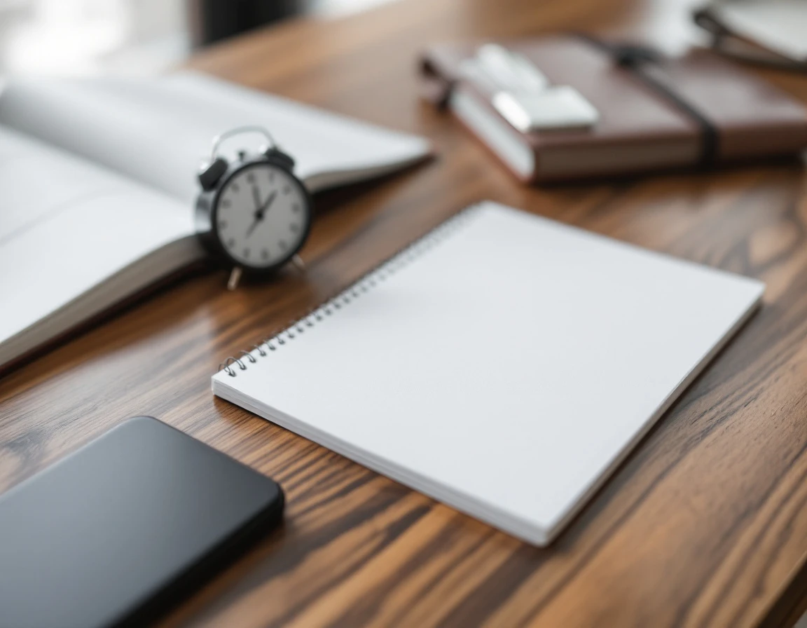 Clean desk setup with blank notepad, pen, timer, and phone representing appointment scheduling systems