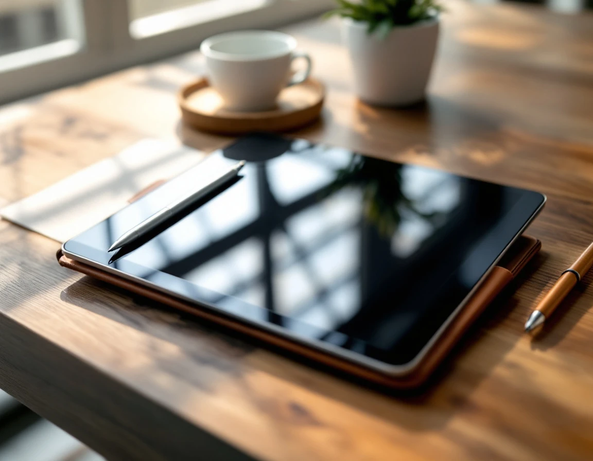 Wooden desk workspace with tablet device angled to reflect light, leather notebook, pen, and coffee cup