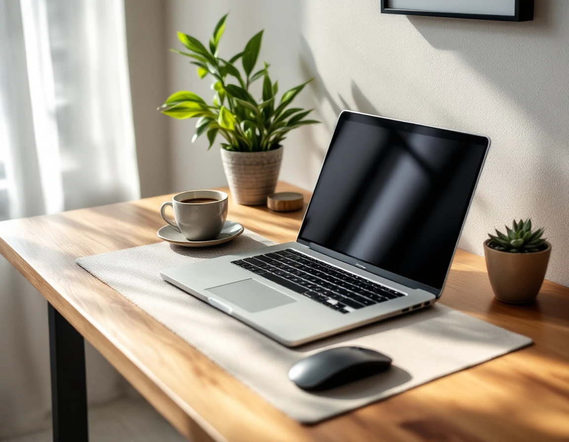 Laptop and coffee on wooden desk with natural window lighting in quiet workspace setting