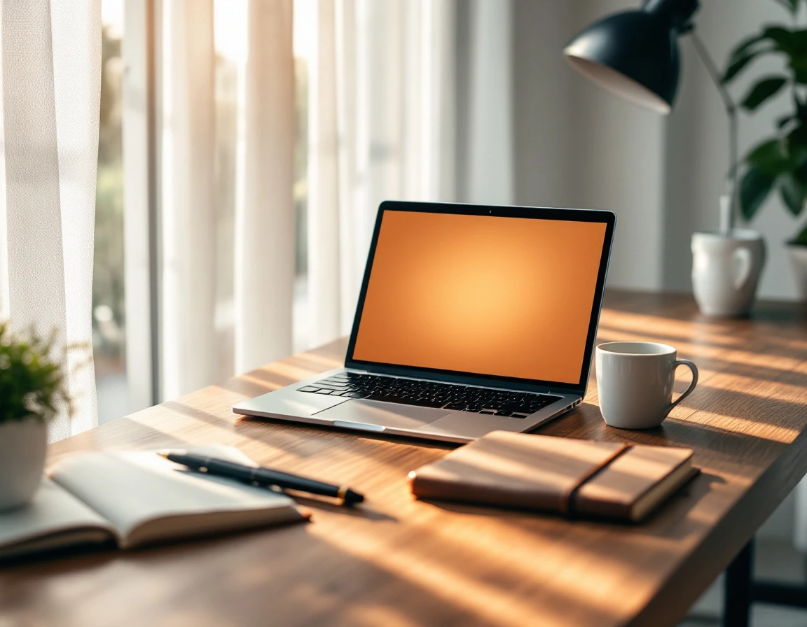 Laptop and notebook on wooden desk beside window with natural morning light in home office workspace