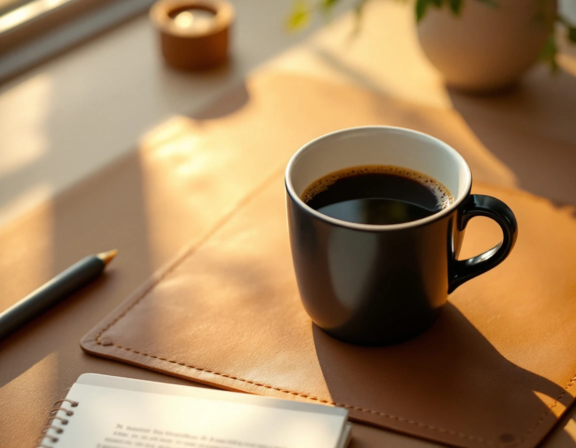 Minimalist workspace with coffee mug on leather desk pad in natural golden hour lighting
