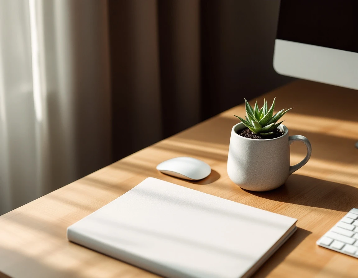 Clean workspace desk with coffee, succulent plant, and closed notebook representing organized email list management