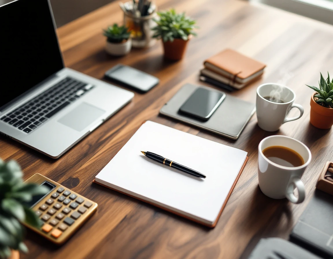 Professional workspace with laptop, leather notebook, blank papers, and coffee on wooden desk