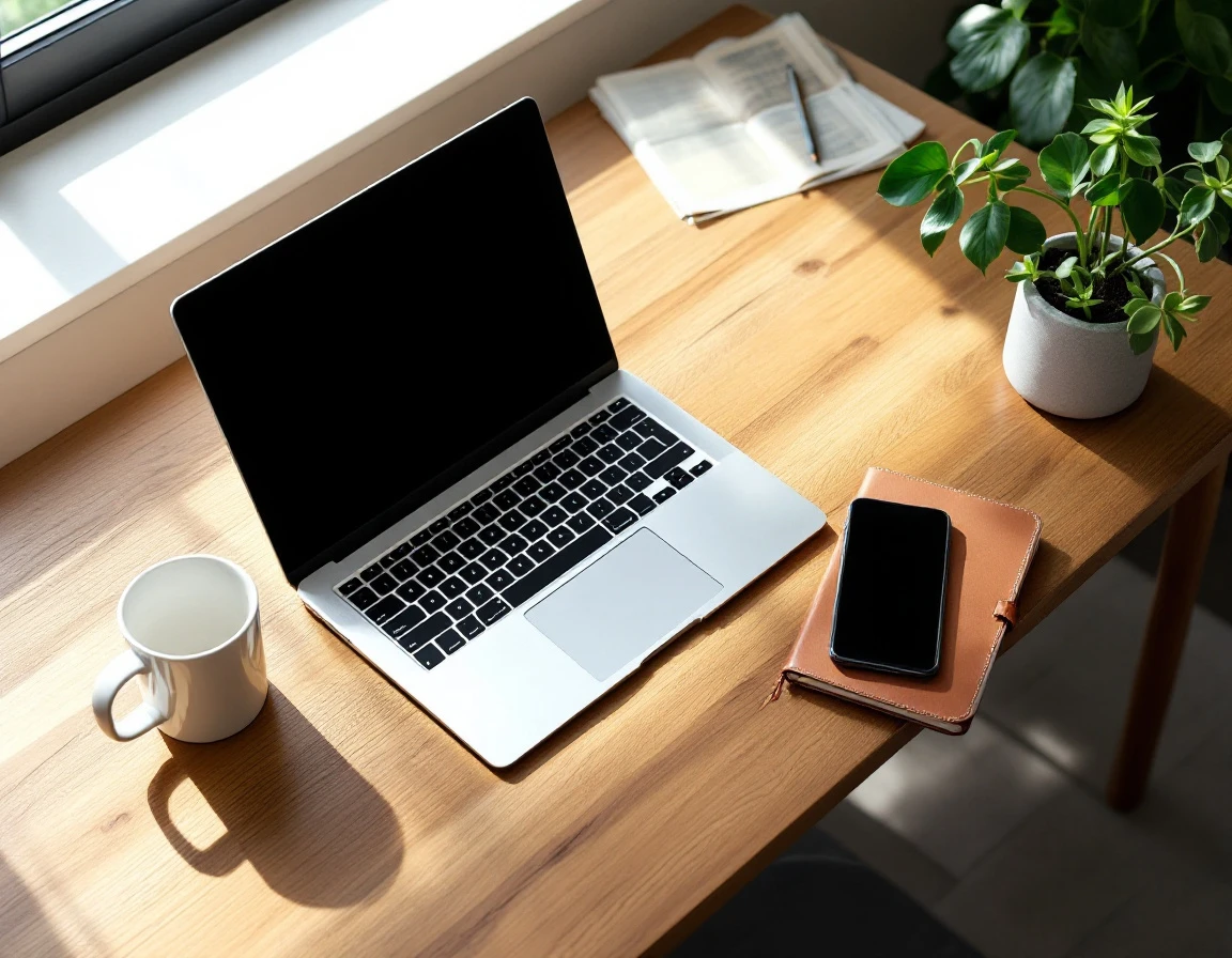 Organized workspace with laptop, coffee, and notebook representing CRM automation tools for service businesses
